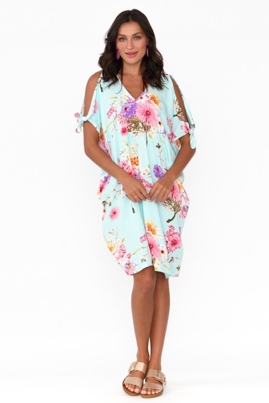 Clothing Red Lotus Above Knee Dresses | Chloe Blue Cherry Blossom Cold Shoulder Kaftan