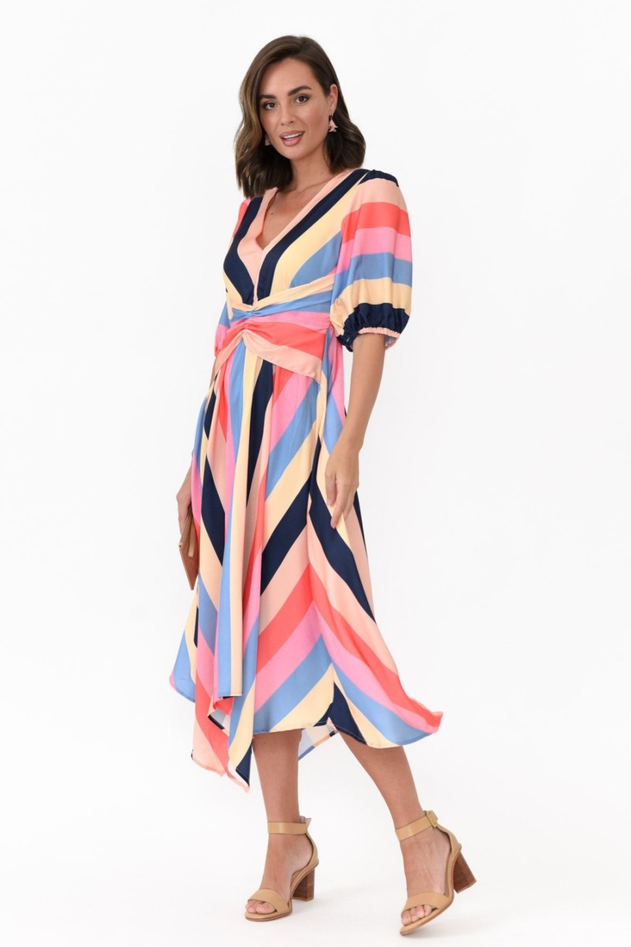 Clothing Yh and Co Midi Dresses | Keanu Carnival Stripe V Neck Dress