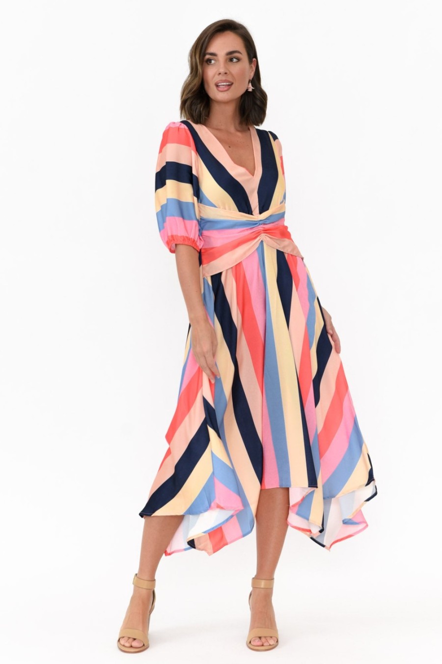 Clothing Yh and Co Midi Dresses | Keanu Carnival Stripe V Neck Dress