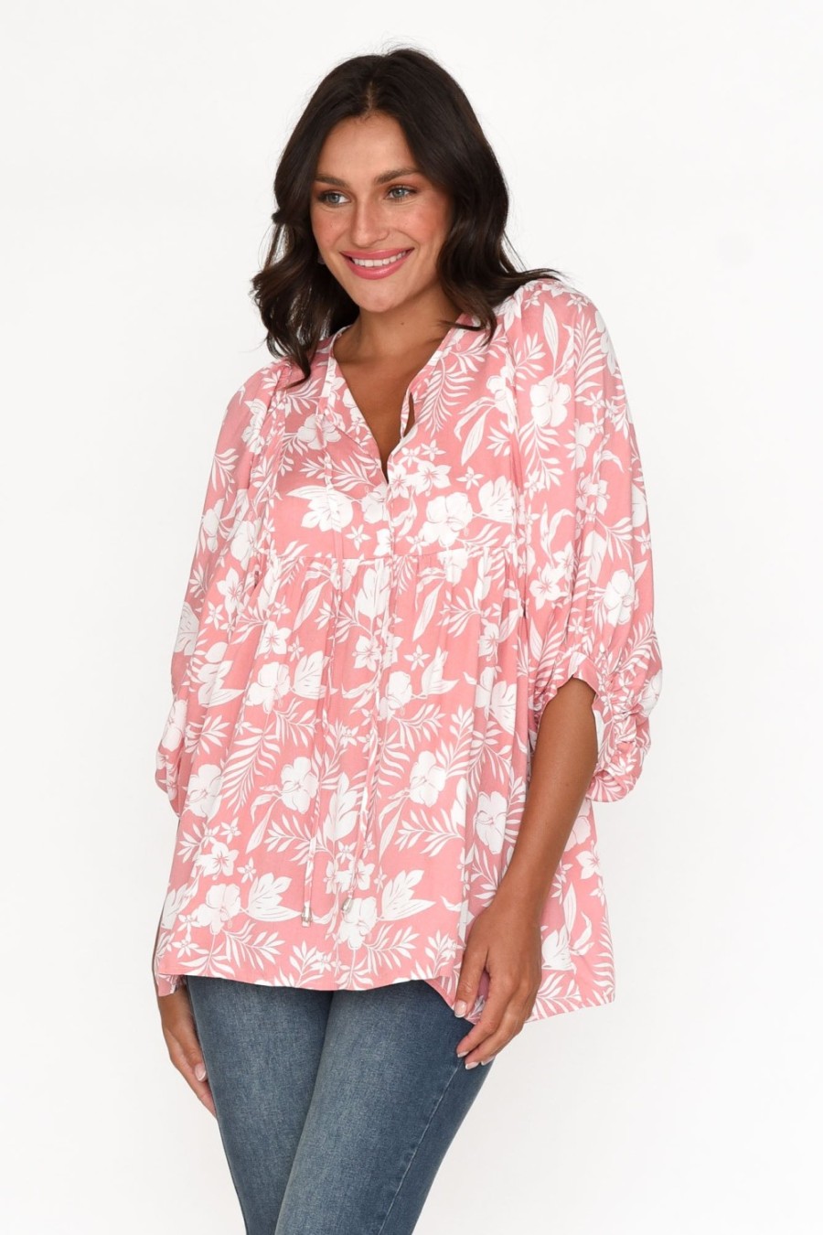 Clothing New U Collection Sleeved Tops | Marylee Pink Garden Gathered Top