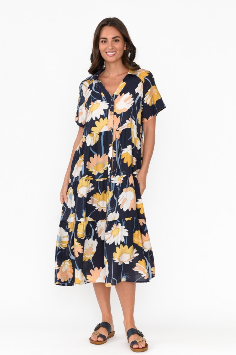 Clothing Cali and Co Cotton Dresses | Maelle Navy Flower Cotton Tier Dress