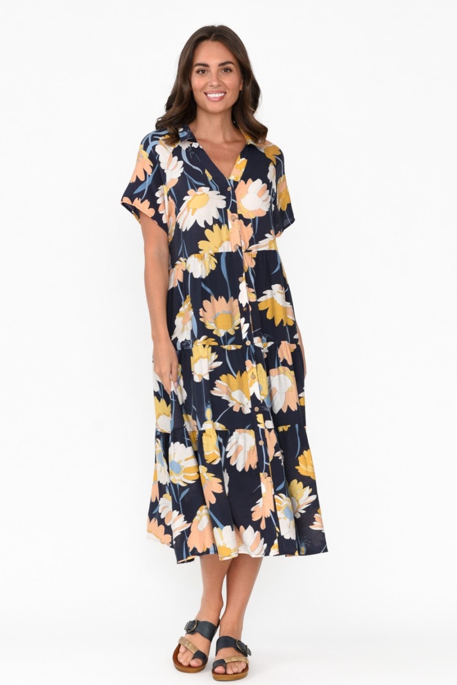 Clothing Cali and Co Cotton Dresses | Maelle Navy Flower Cotton Tier Dress