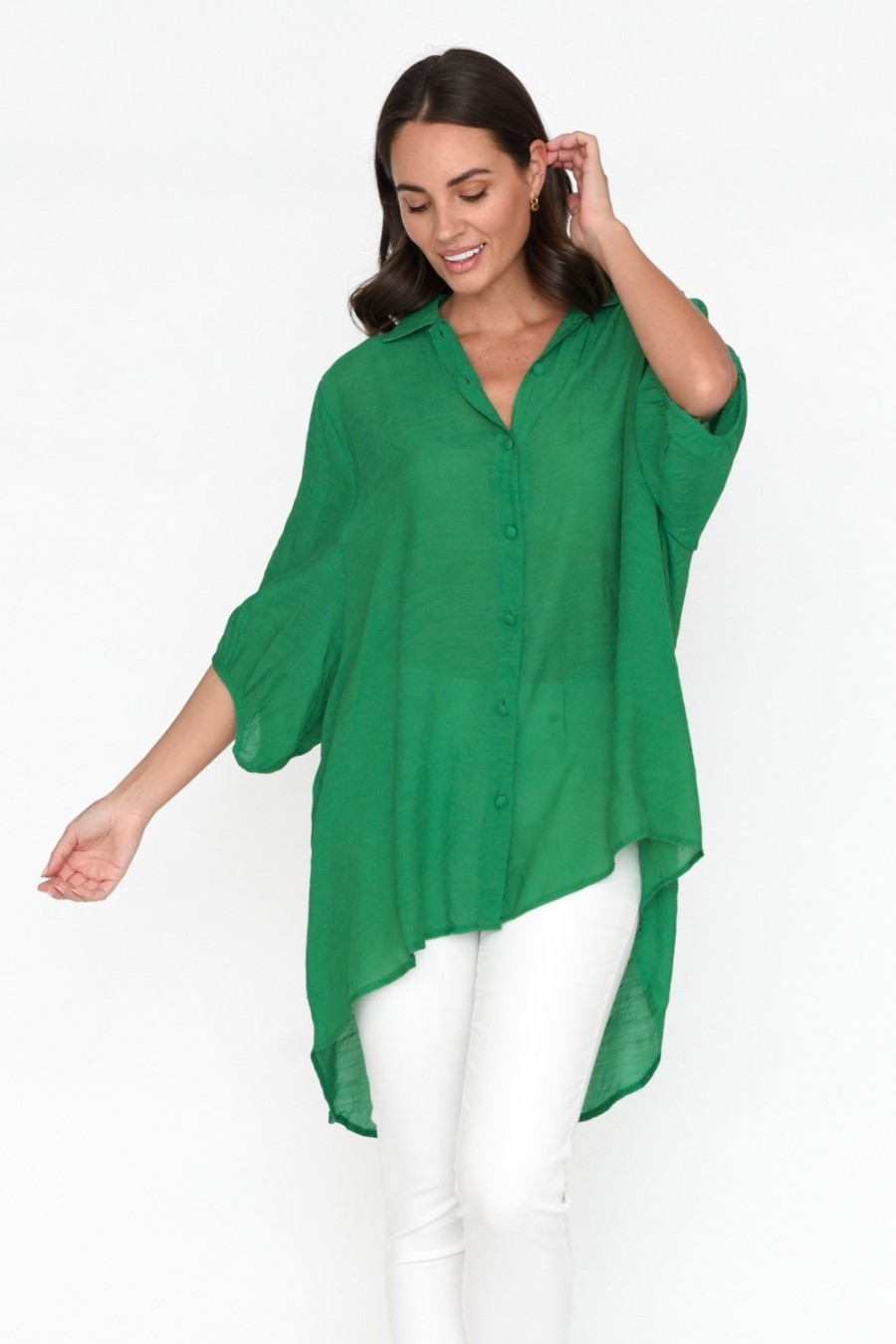 Clothing Cotton Village Cotton Tops | Green Cotton Blend Hi Lo Shirt