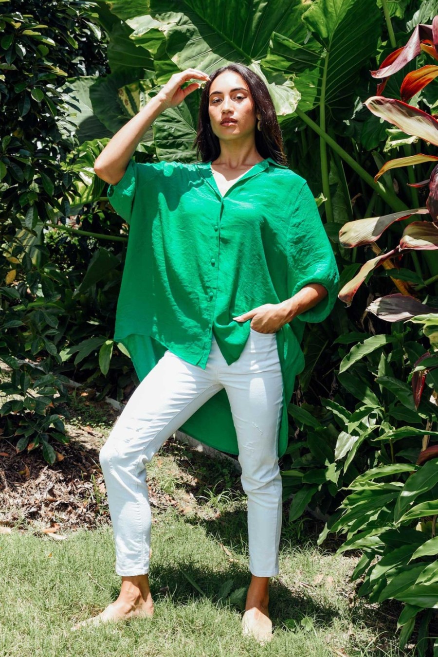 Clothing Cotton Village Cotton Tops | Green Cotton Blend Hi Lo Shirt