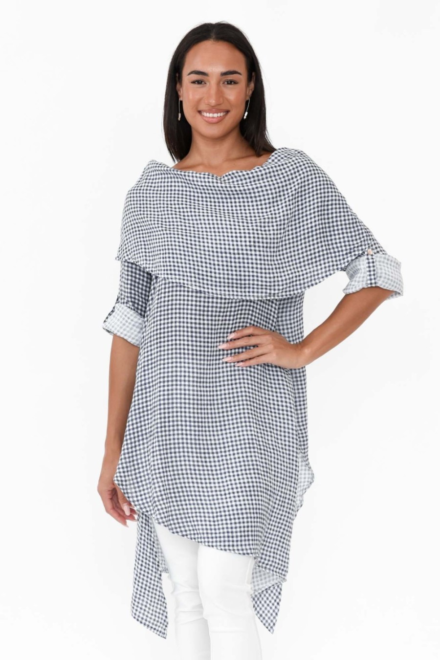 Clothing Donna Donna Linen Tops | Grande Navy Gingham Linen Tunic