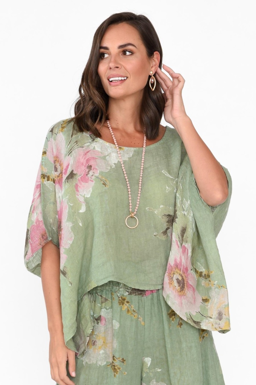 Clothing Donna Donna Linen Tops | Turner Sage Floral Linen Scoop Neck Top