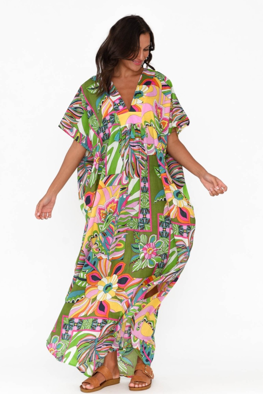 Clothing Mozaic Cotton Dresses | Tiwi Green Tropical Cotton Kaftan