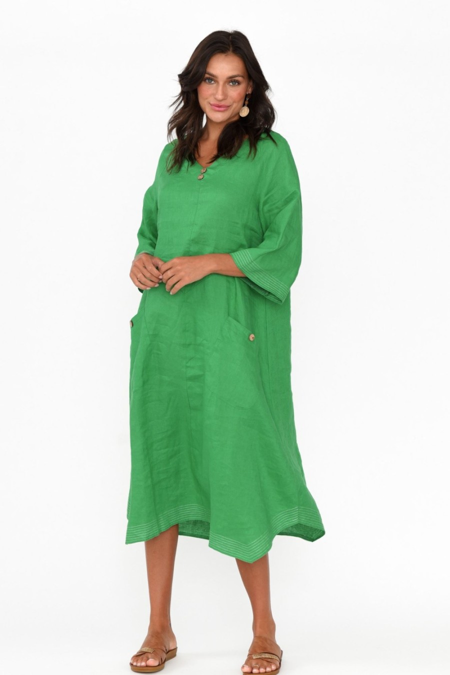 Clothing Cali and Co Linen Dresses | Lolita Green Linen Pocket Dress