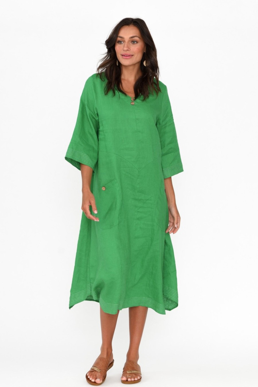 Clothing Cali and Co Linen Dresses | Lolita Green Linen Pocket Dress