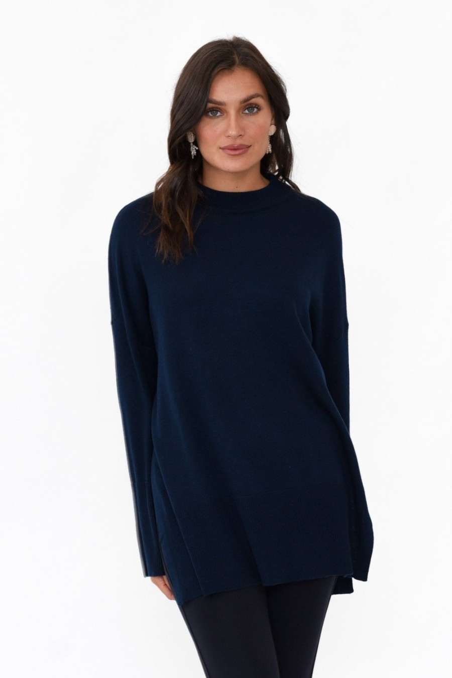 Clothing Tirelli Knitwear | Collins Navy Wool Blend Split Hem Jumper