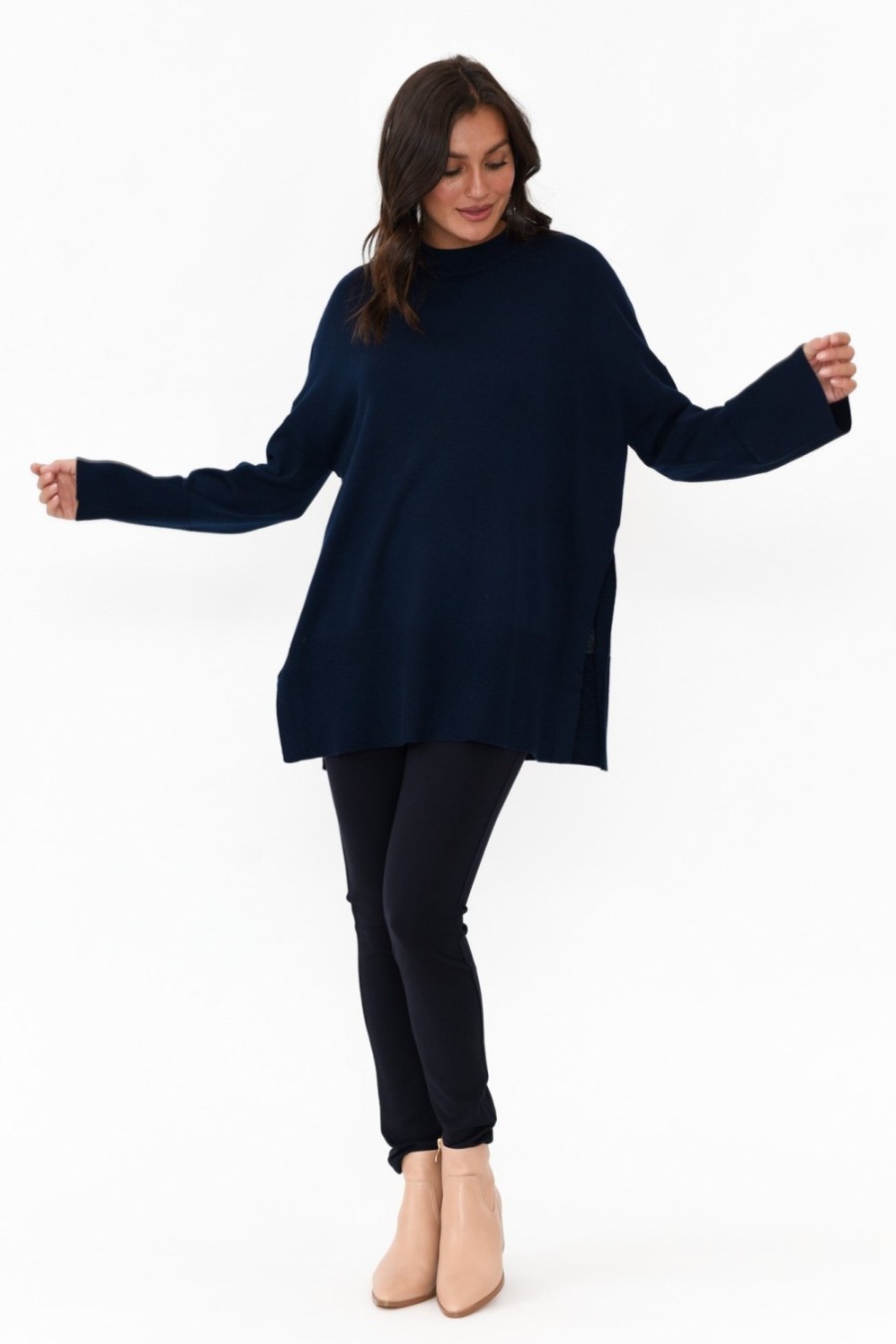 Clothing Tirelli Knitwear | Collins Navy Wool Blend Split Hem Jumper