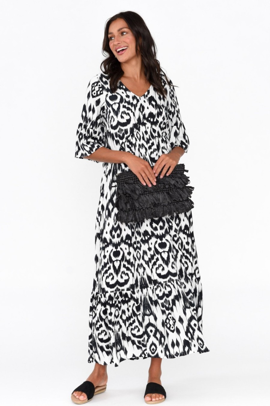 Clothing Orientique Maxi Dresses | Izmir Black Geo Frill Sleeve Dress