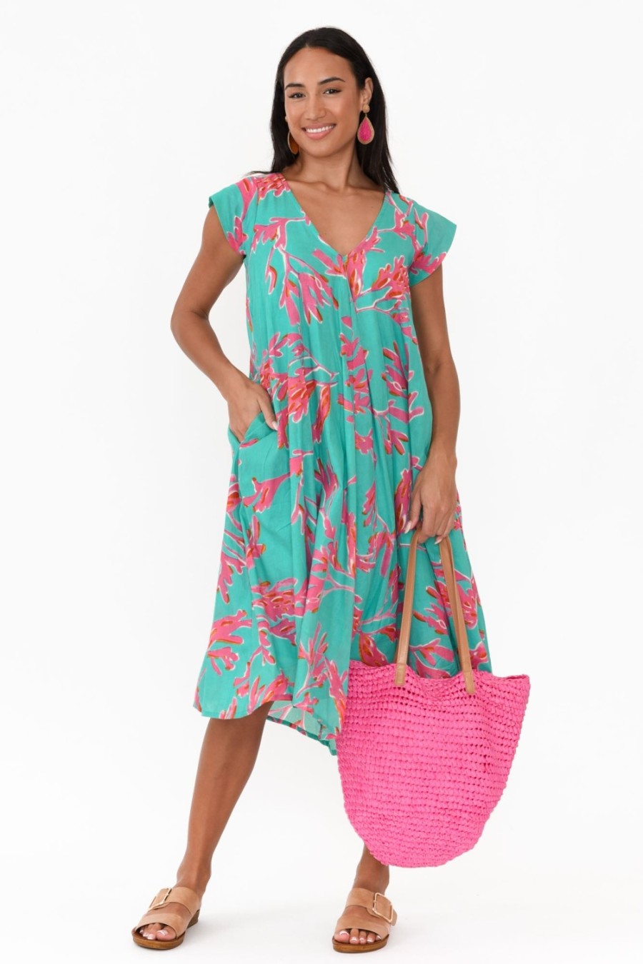 Clothing Mozaic Cotton Dresses | Maheno Turquoise Coral Cotton Dress