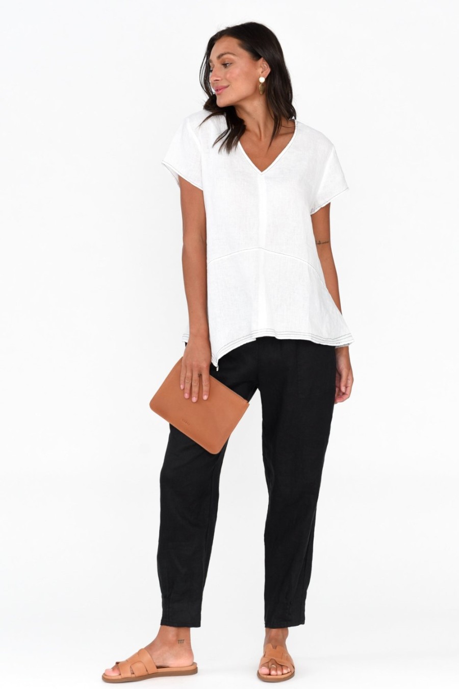 Clothing Cali and Co Linen Tops | Lindy White Linen V Neck Top