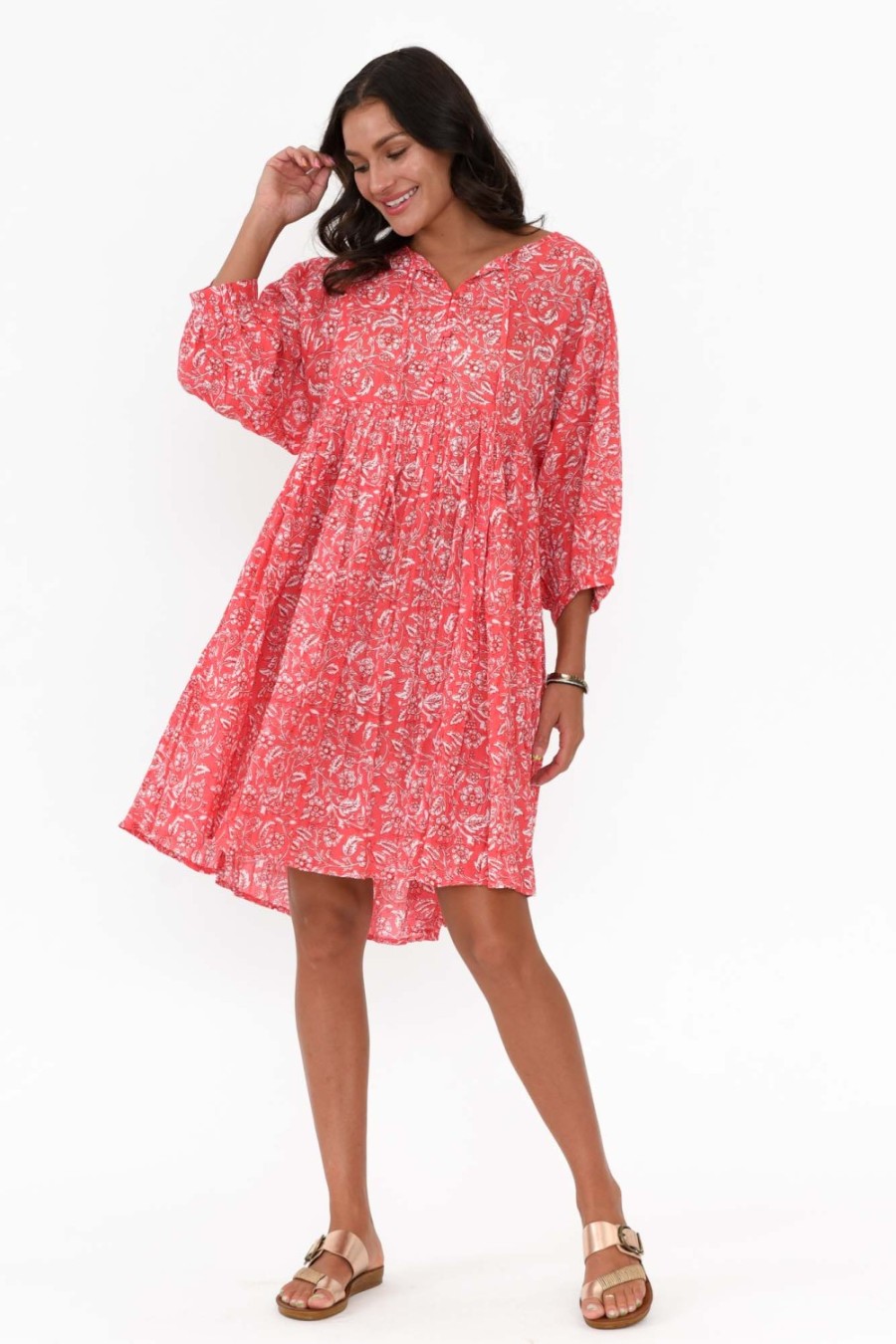 Clothing One Summer Cotton Dresses | Brenna Red Flower Cotton Button Dress