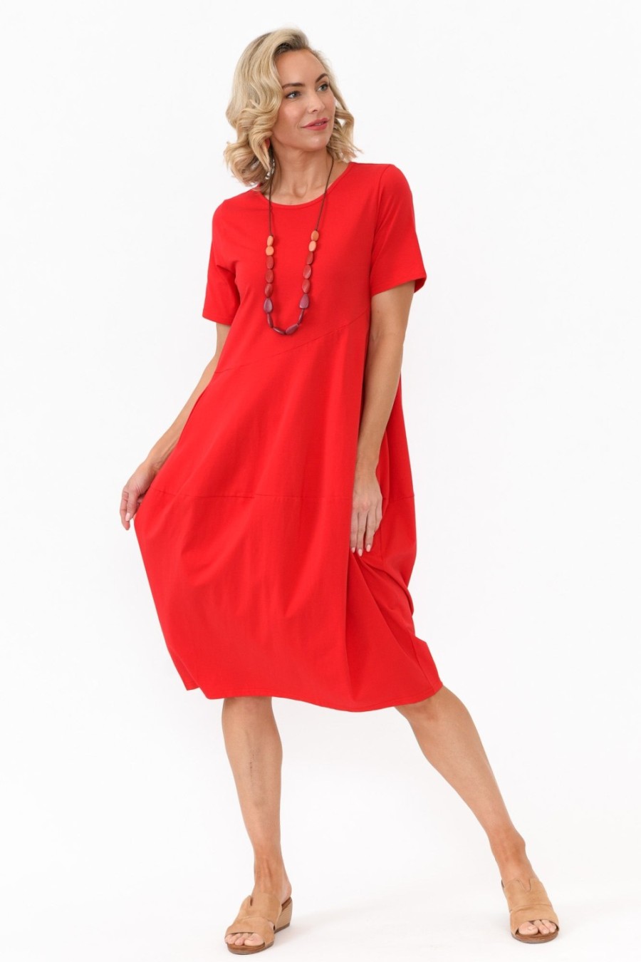 Clothing Tirelli Cotton Dresses | Morgan Red Diagonal Seam Dress