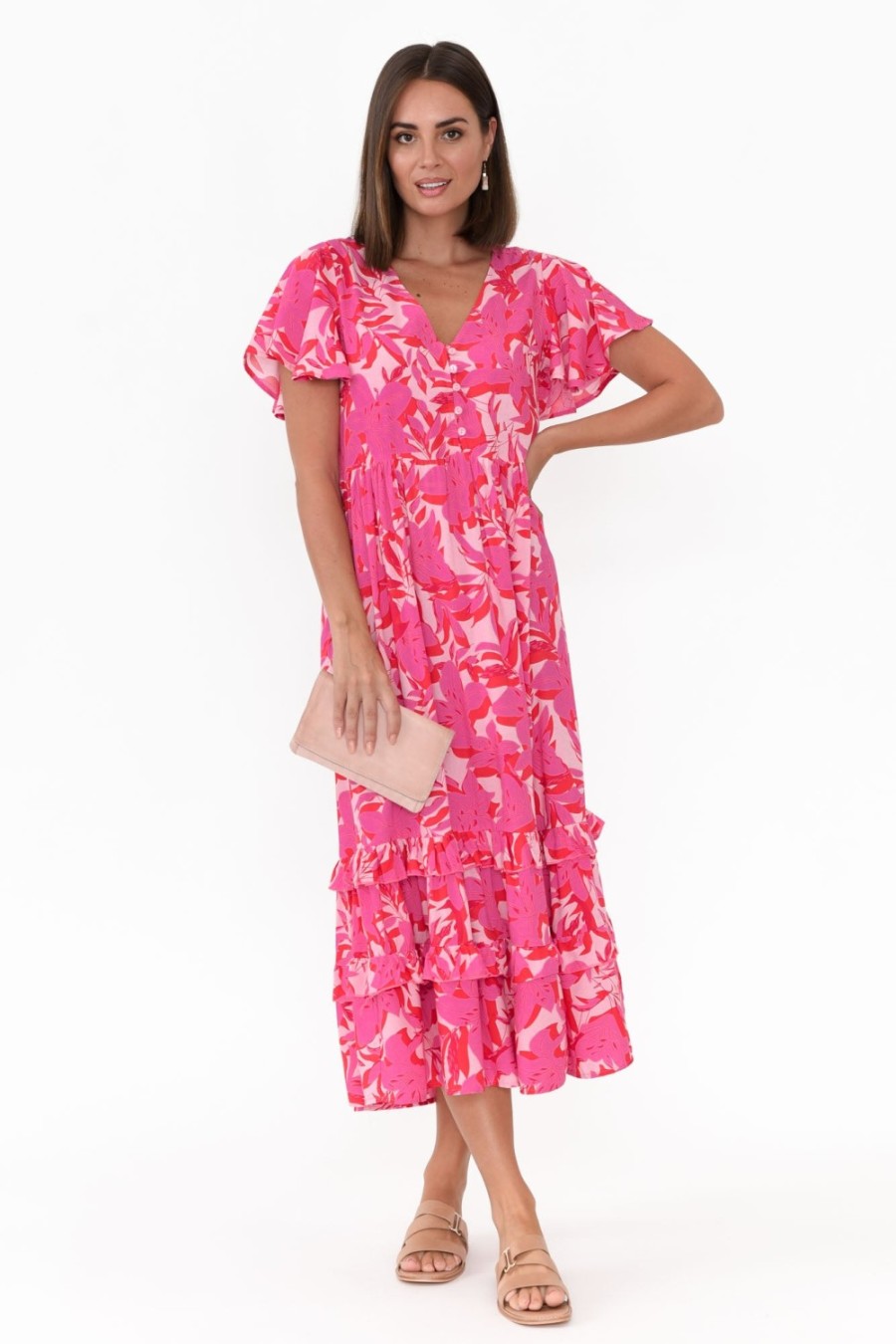 Clothing New U Collection Midi Dresses | Akira Pink Tropical Button Tier Dress