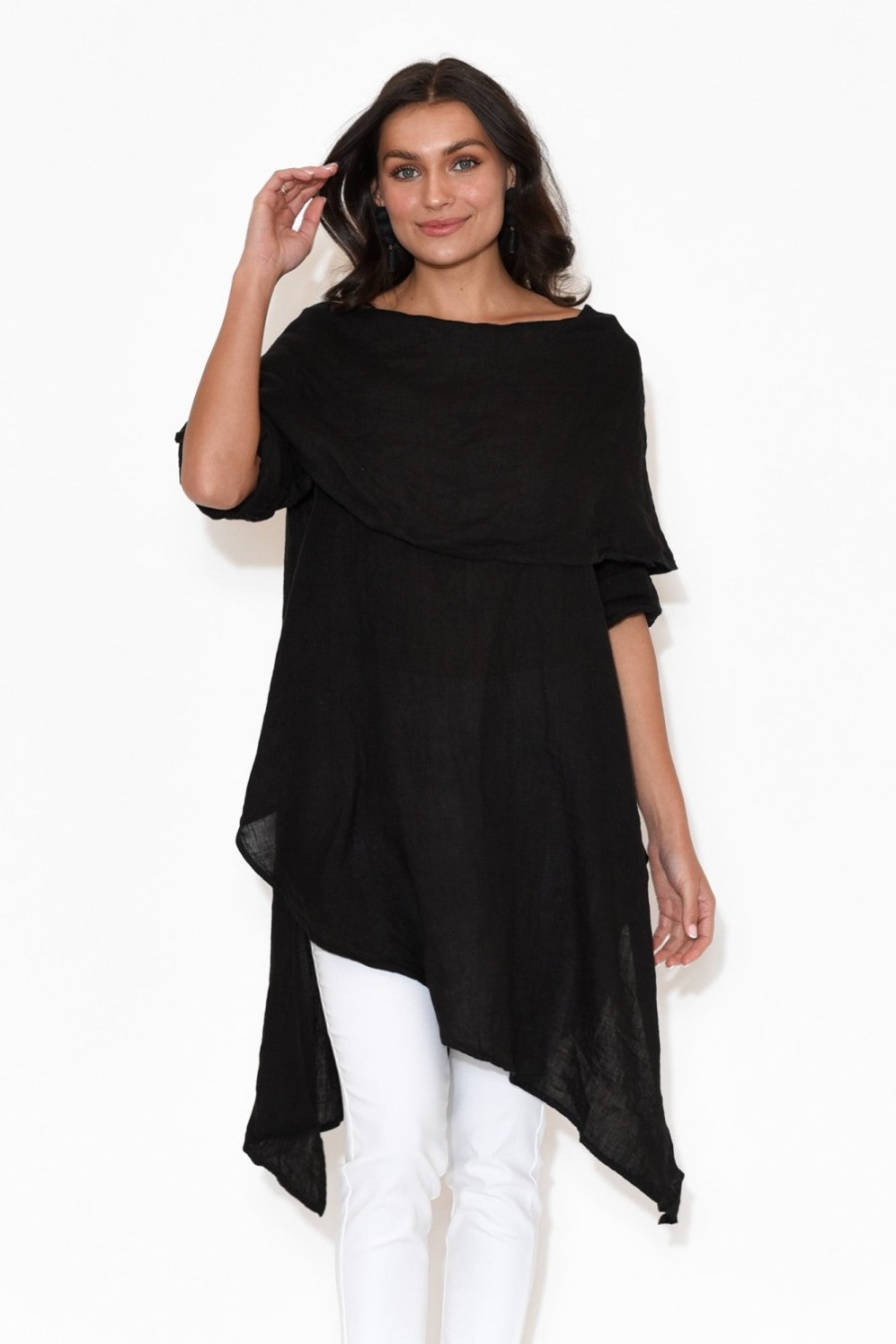 Clothing Donna Donna Linen Tops | Grande Black Linen Tunic