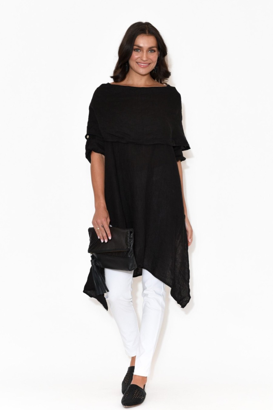 Clothing Donna Donna Linen Tops | Grande Black Linen Tunic