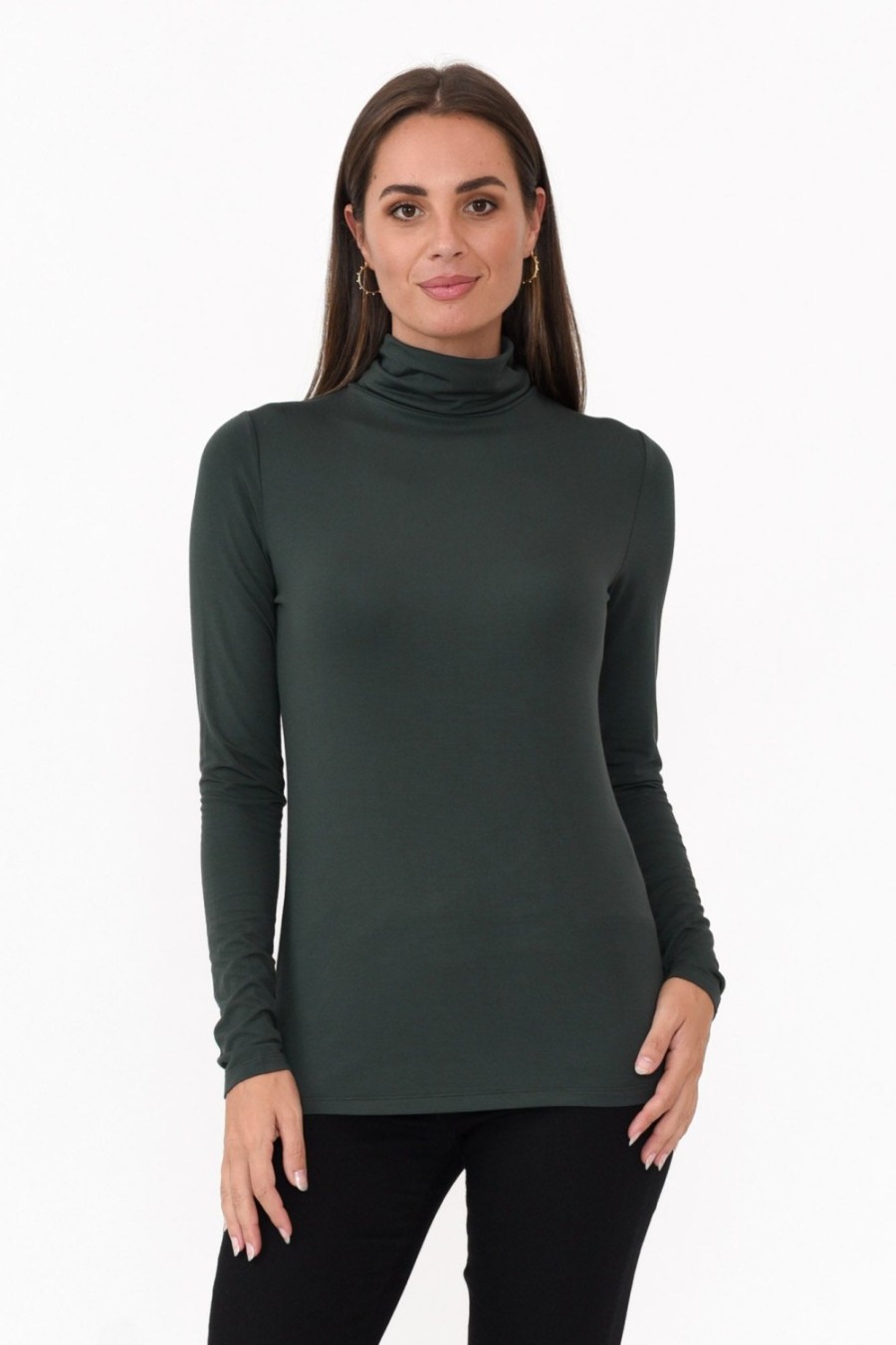 Clothing Bamboo Body Sleeved Tops | Henrietta Dark Green Bamboo Turtleneck Top