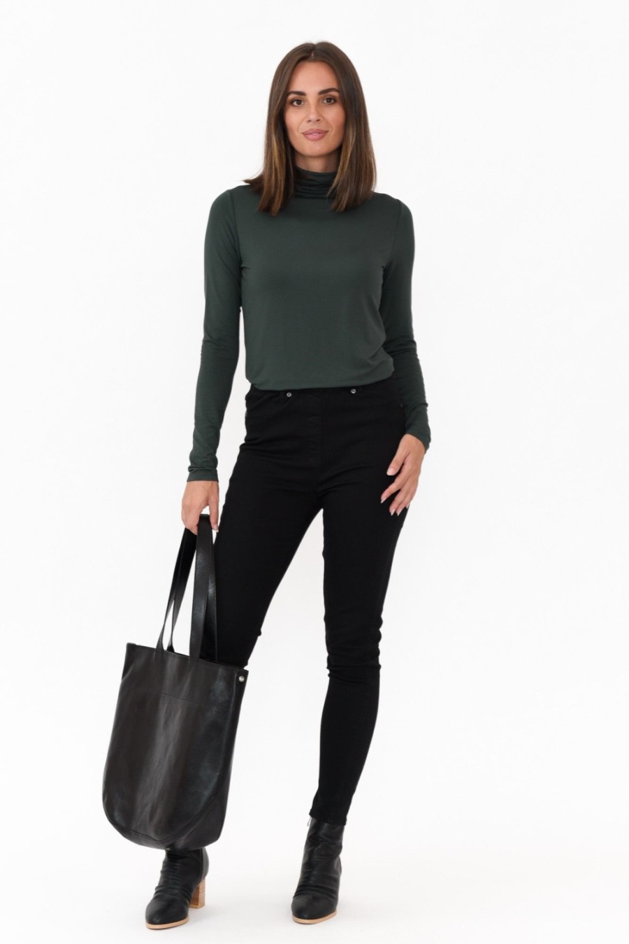 Clothing Bamboo Body Sleeved Tops | Henrietta Dark Green Bamboo Turtleneck Top