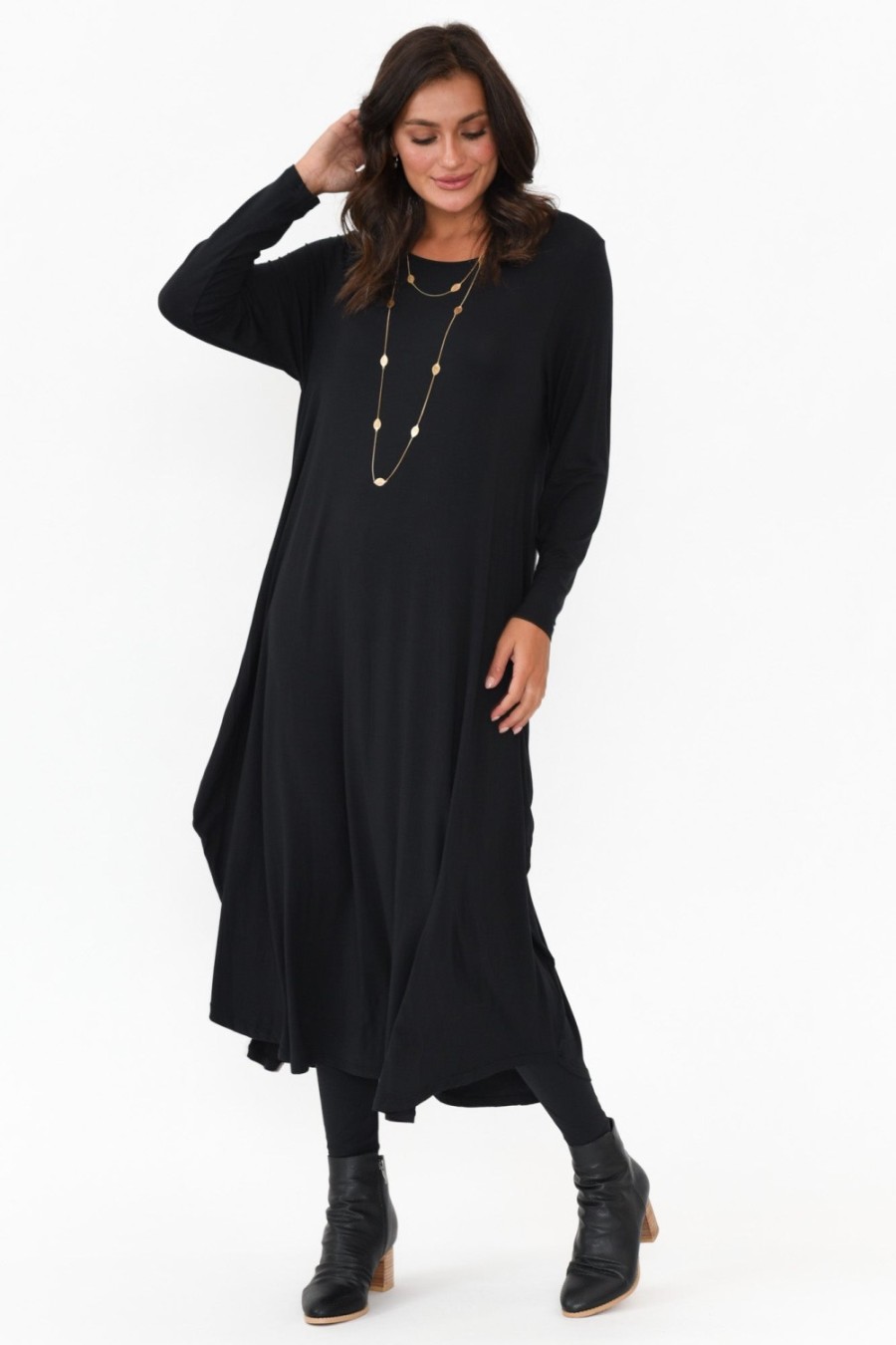 Clothing Tani Midi Dresses | Black Long Sleeved Micro Modal Drape Dress