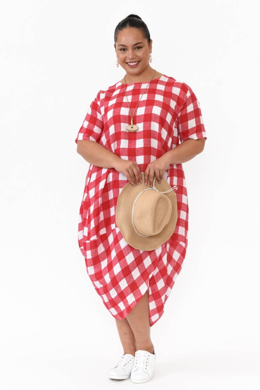 Clothing Donna Donna Linen Dresses | December Red Gingham Linen Pocket Dress