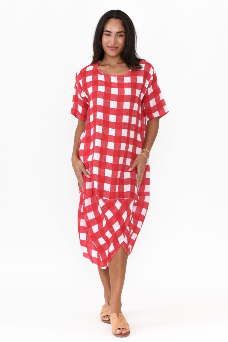 Clothing Donna Donna Linen Dresses | December Red Gingham Linen Pocket Dress