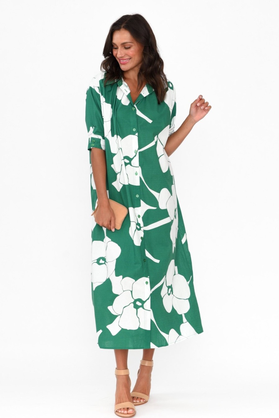 Clothing Label Of Love Cotton Dresses | Emmeline Green Flower Cotton Shirt Dress