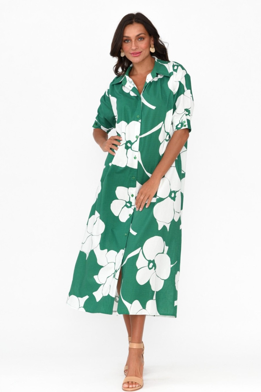 Clothing Label Of Love Cotton Dresses | Emmeline Green Flower Cotton Shirt Dress