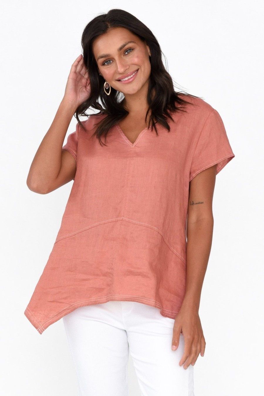 Clothing Cali and Co Linen Tops | Lindy Rust Linen V Neck Top