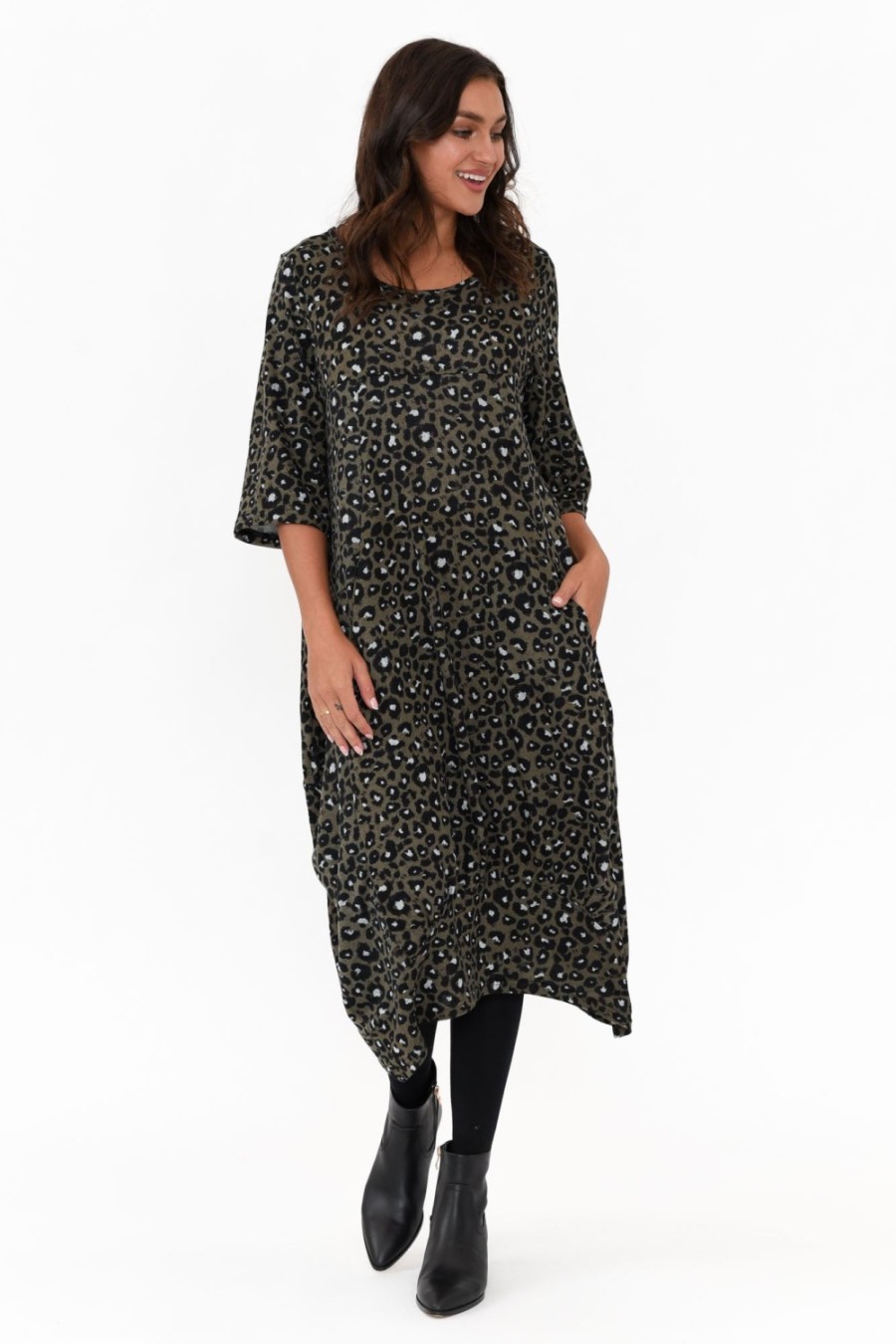 Clothing La Mode Midi Dresses | Byron Khaki Leopard Knit Dress