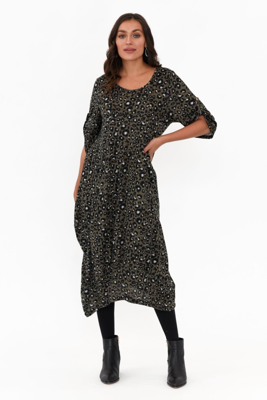 Clothing La Mode Midi Dresses | Byron Khaki Leopard Knit Dress