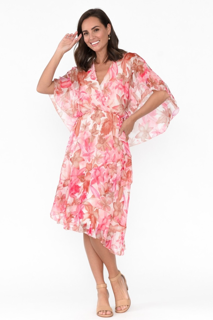 Clothing L'amore Below Knee Dresses | Ireland Peach Hibiscus Ruffle Dress