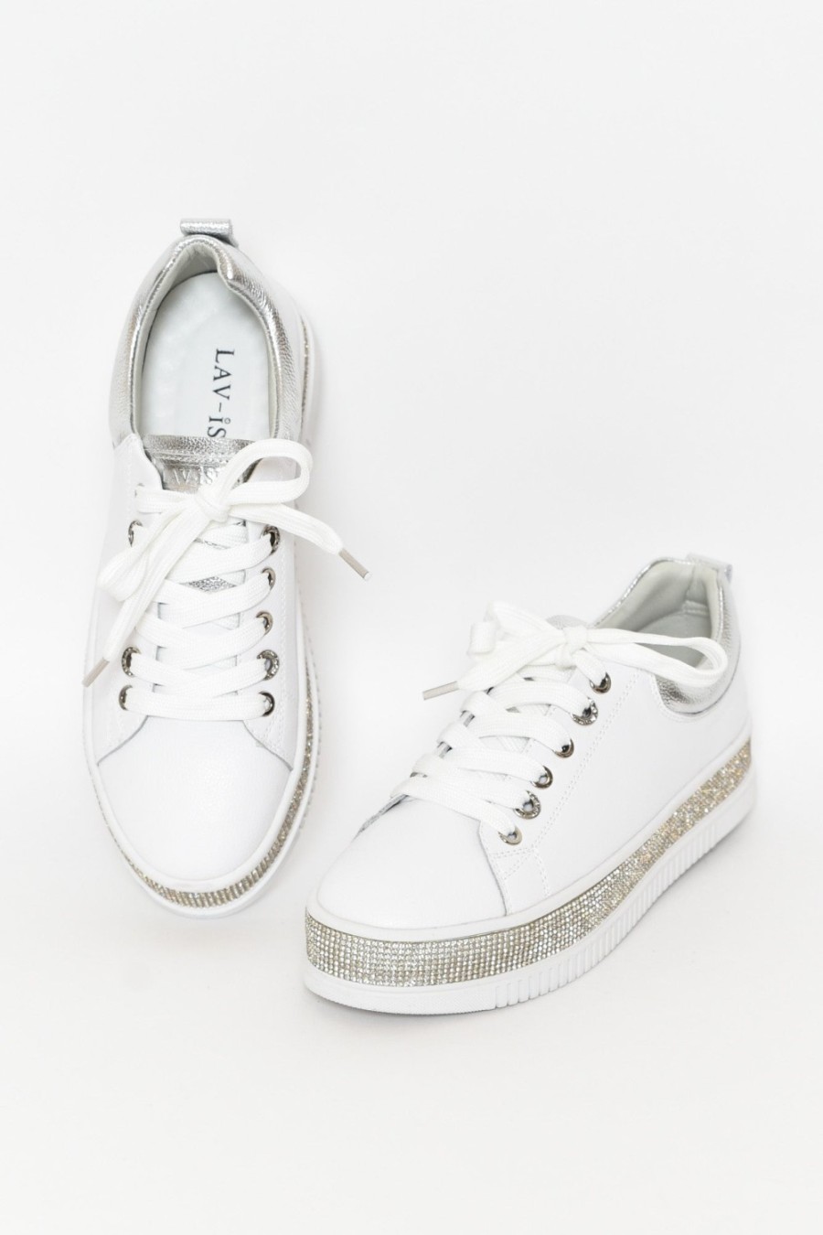 Shoes Lav-ish White Sneakers | Lange White Leather Diamante Sneaker