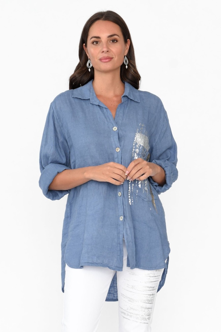 Clothing La Strada Linen Tops | Roda Blue Foil Linen Shirt