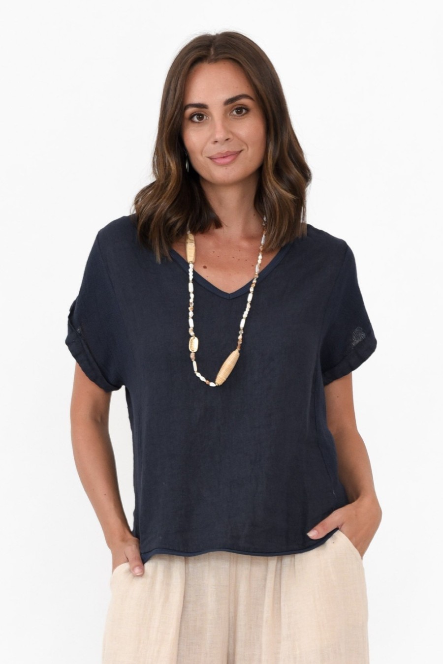 Clothing La Strada Cotton Tops | Dorian Navy Linen Cotton Top