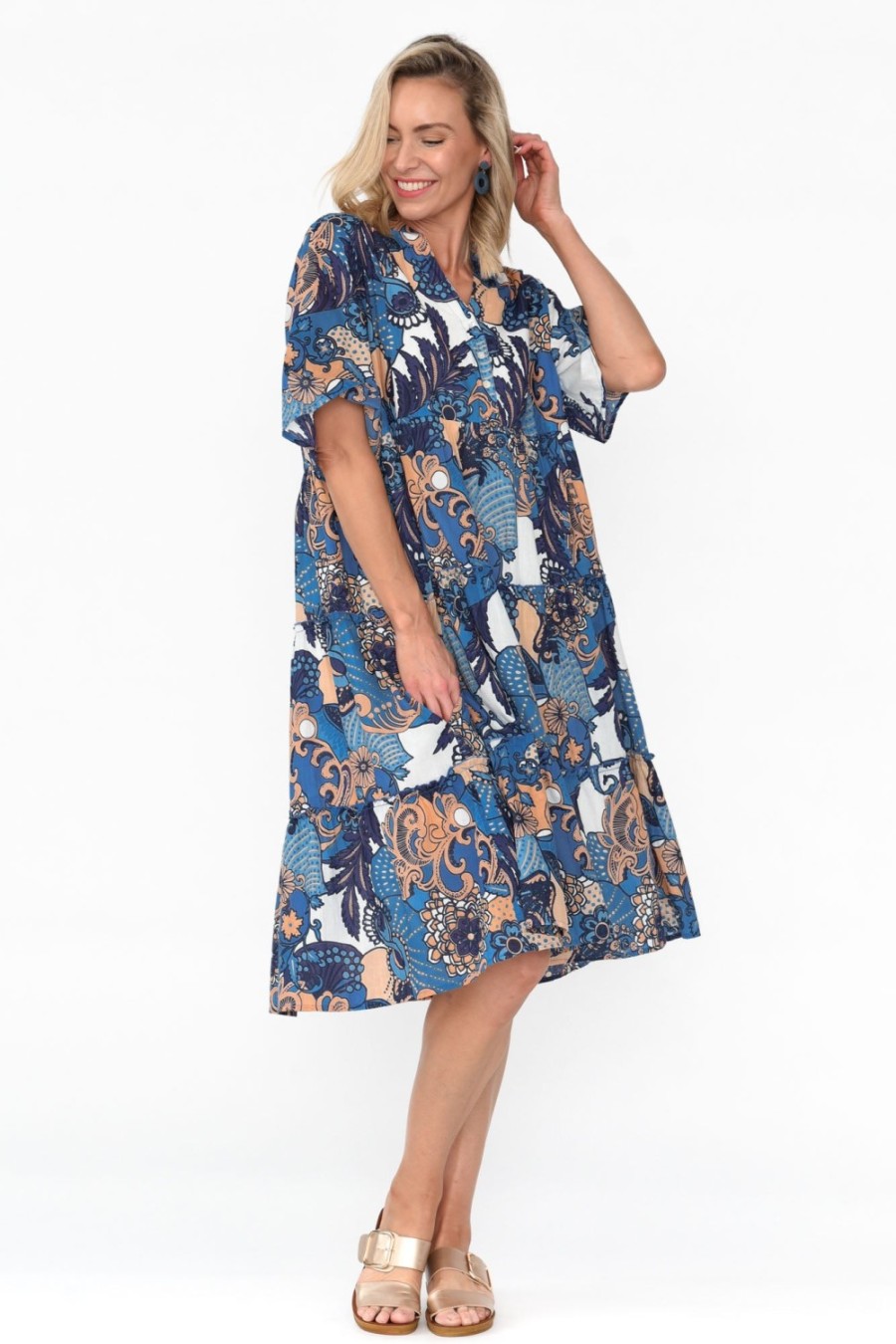 Clothing Mozaic Below Knee Dresses | Castaway Blue Blossom Cotton Dress