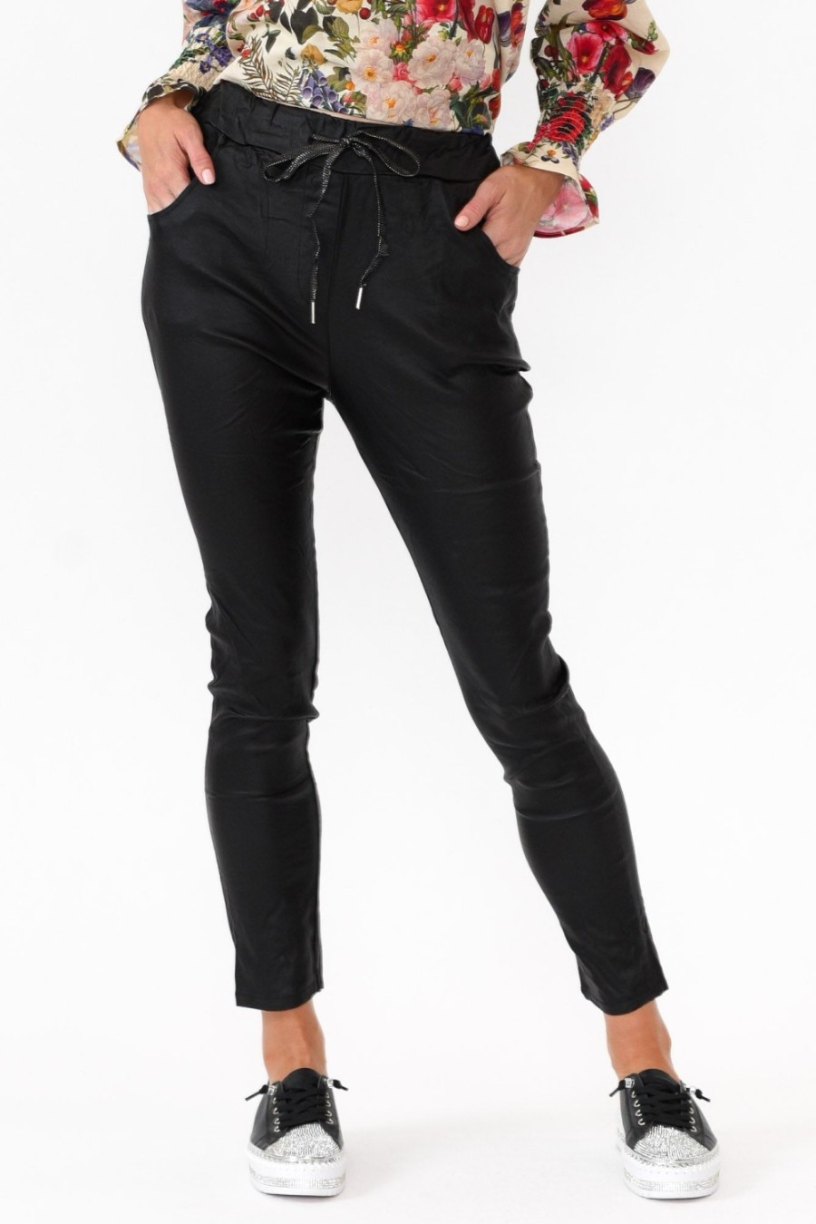 Clothing Indigo Designs Pants | Jacinta Black Wet Look Stretch Pant