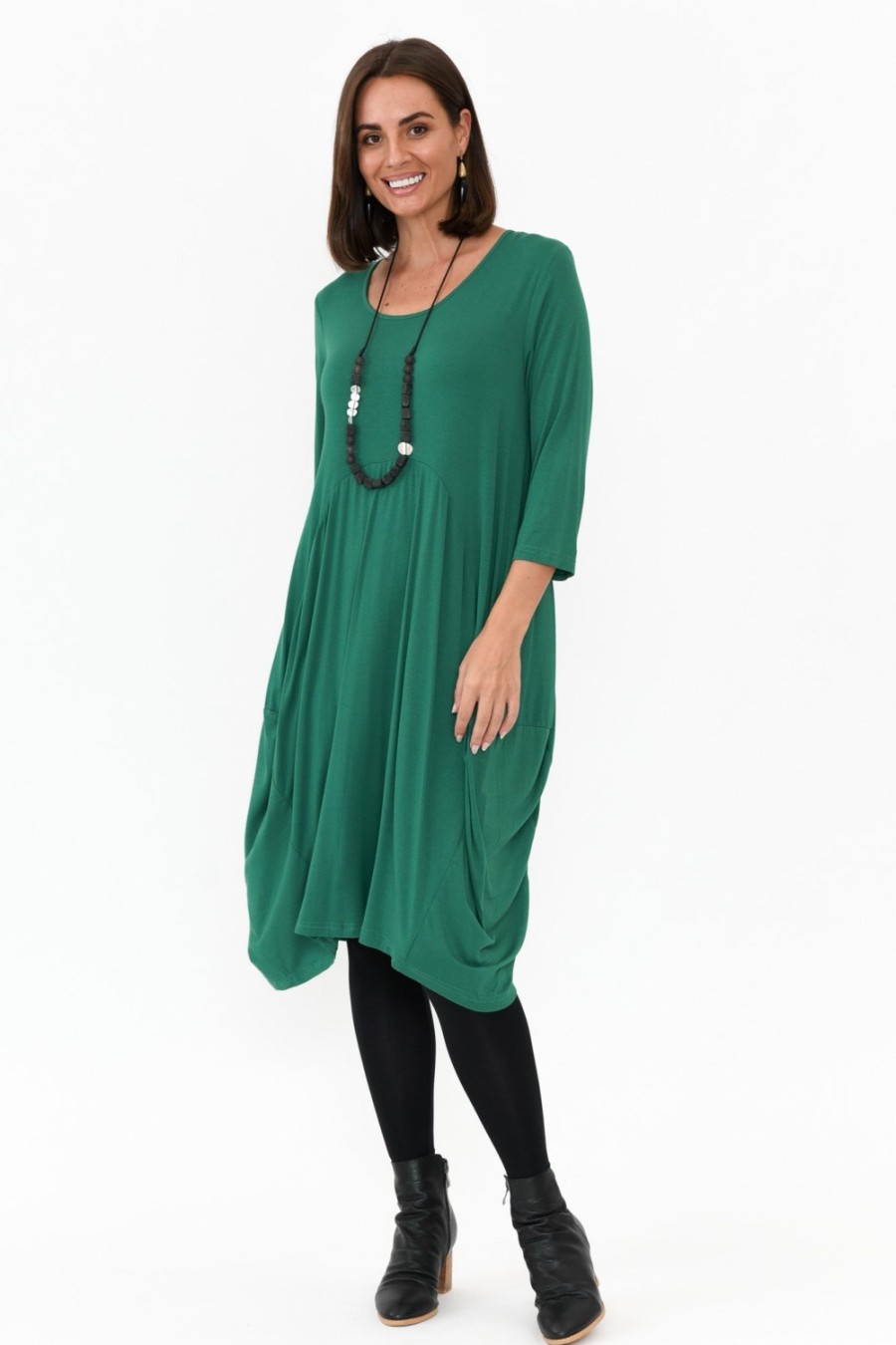 Clothing Cali and Co Below Knee Dresses | Coco Green Sleeved Dress