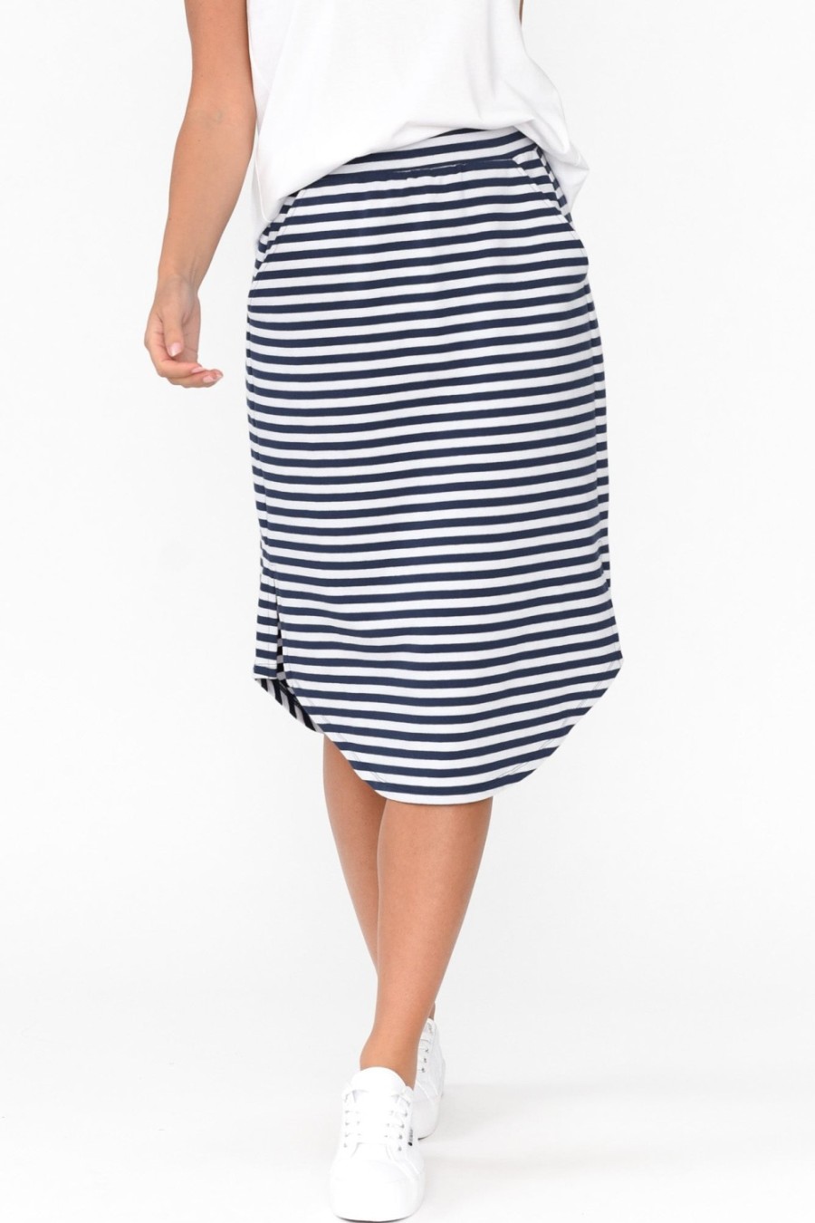 Clothing Betty Basics Skirts | Evie Navy Stripe Cotton Blend Skirt