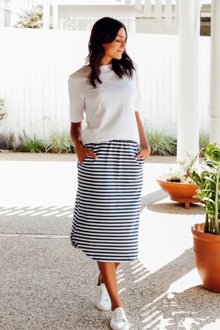 Clothing Betty Basics Skirts | Evie Navy Stripe Cotton Blend Skirt