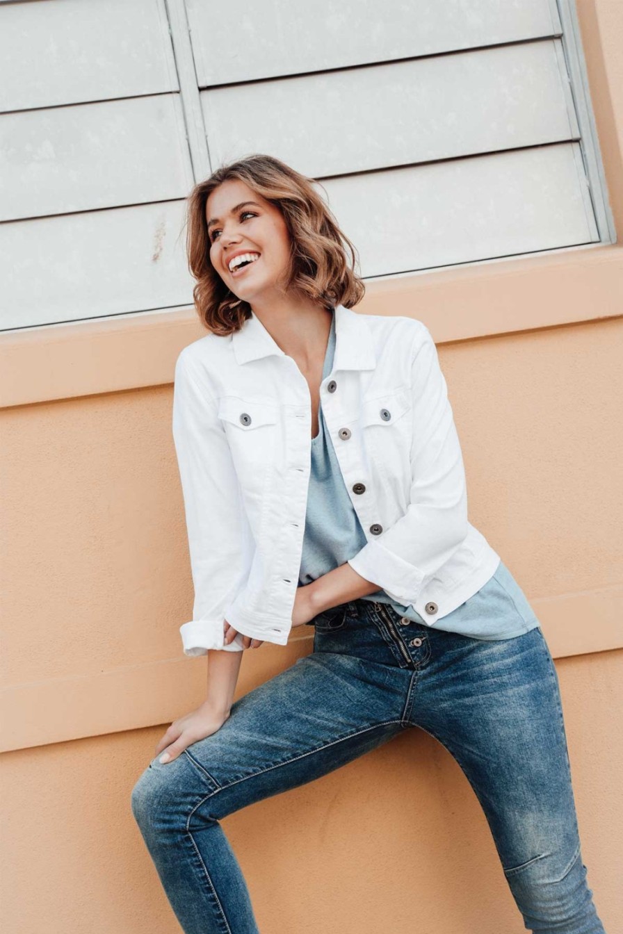 Clothing Cafe Latte Jackets | Danielle White Stretch Jean Jacket