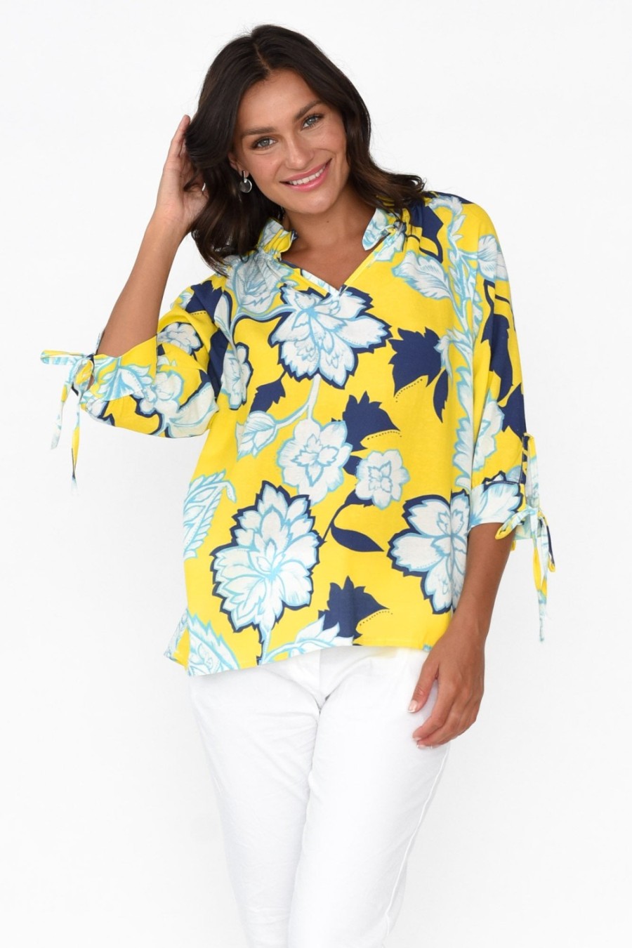 Clothing La Strada Linen Tops | Hebe Yellow Floral Linen Blend Top