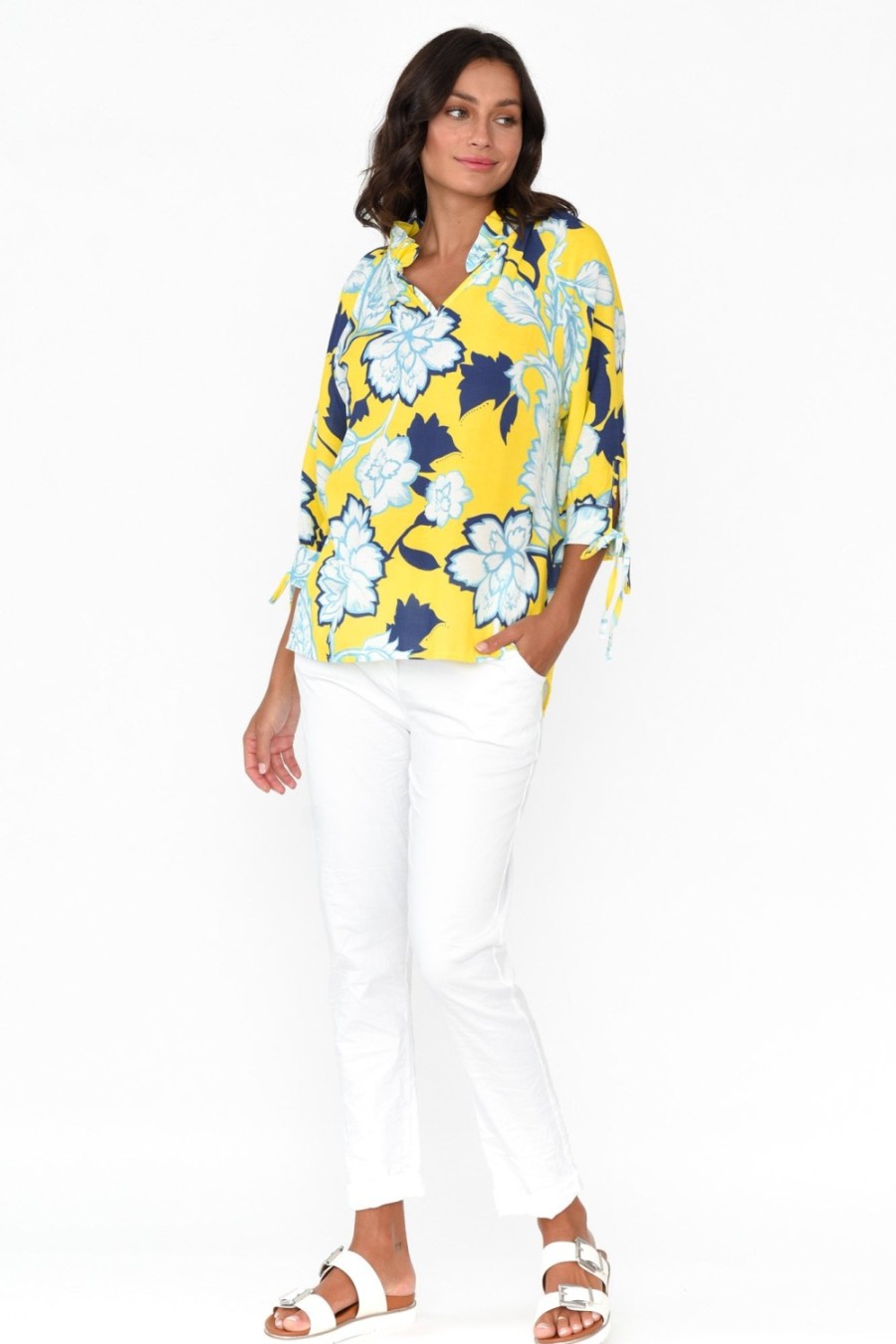 Clothing La Strada Linen Tops | Hebe Yellow Floral Linen Blend Top