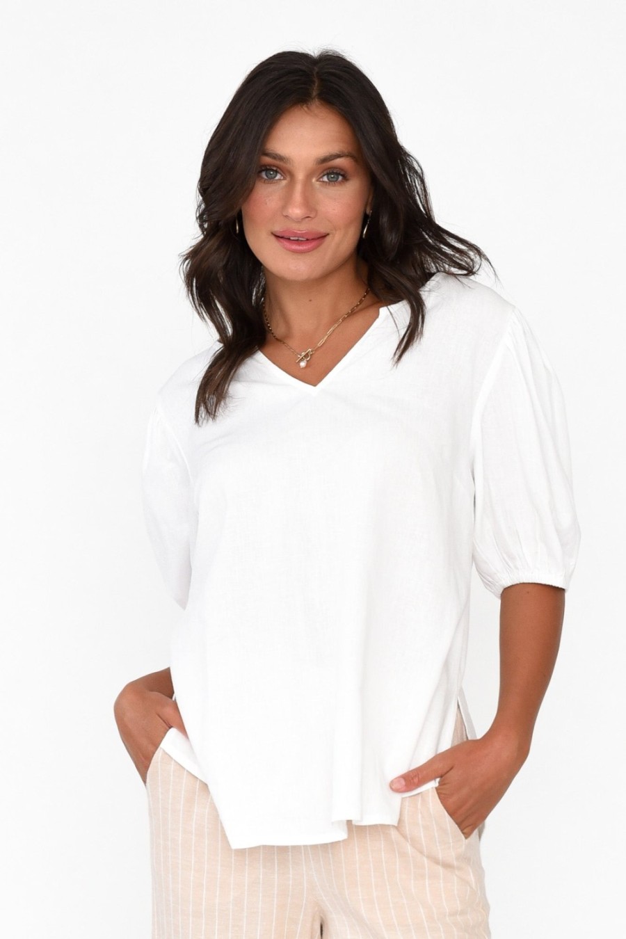 Clothing Betty Basics Linen Tops | Alba White Linen Blend Blouse Top