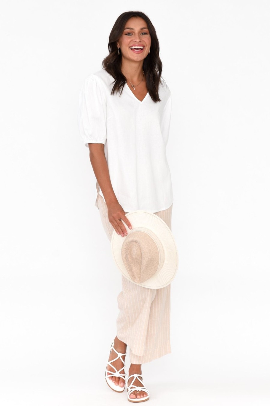 Clothing Betty Basics Linen Tops | Alba White Linen Blend Blouse Top