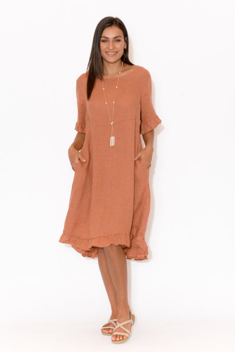 Clothing Cali and Co Linen Dresses | Elodie Coral Linen Frill Dress