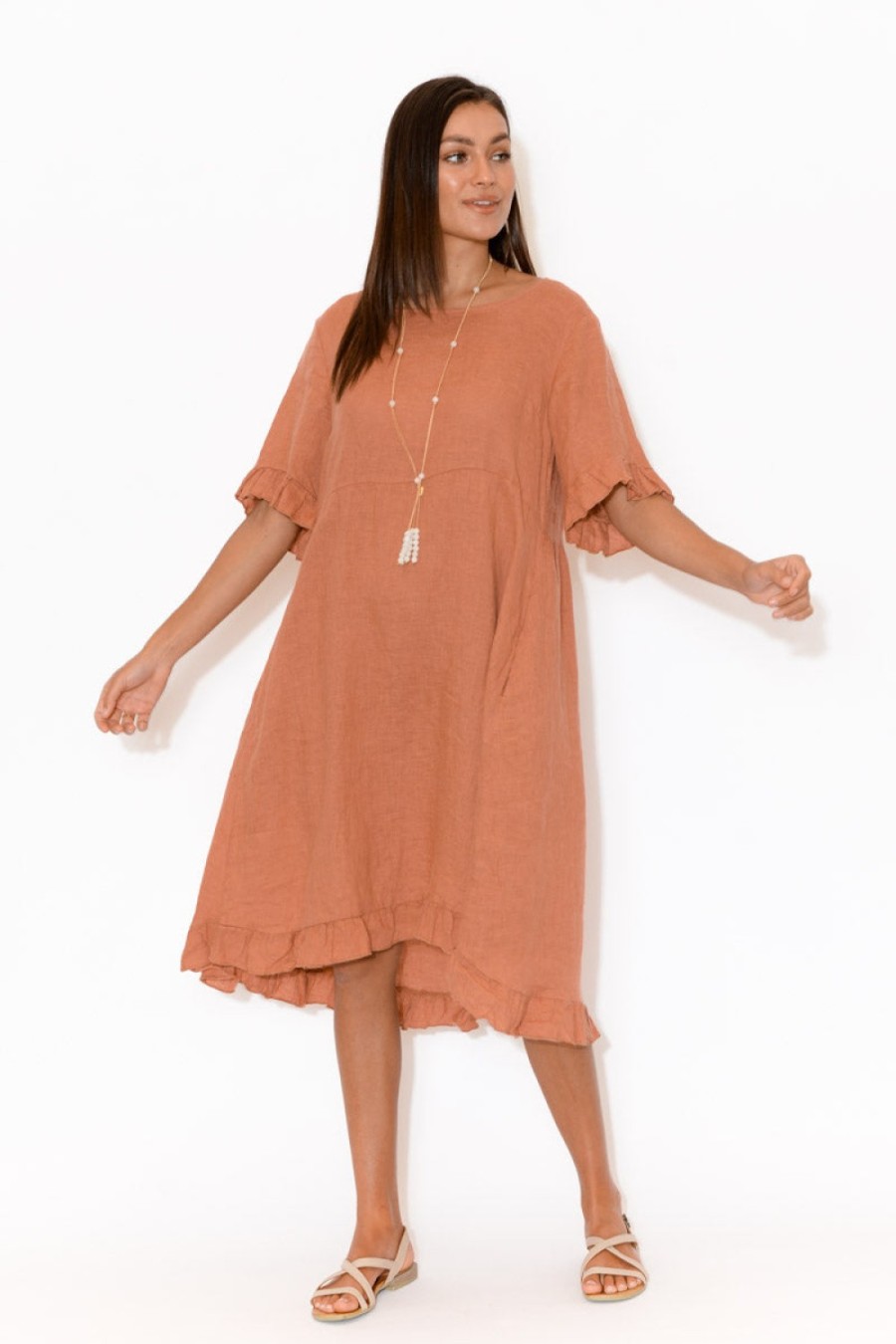 Clothing Cali and Co Linen Dresses | Elodie Coral Linen Frill Dress