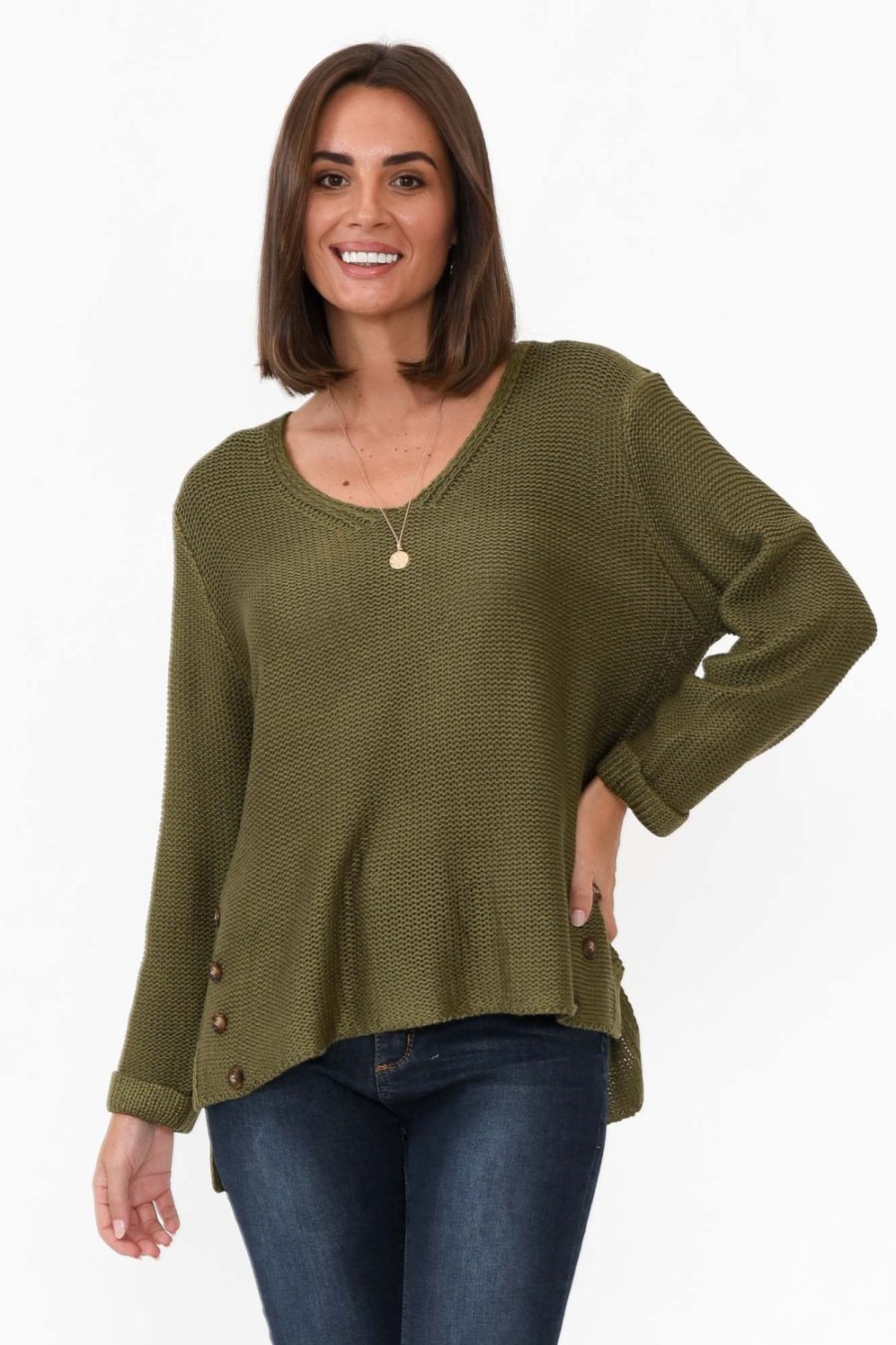 Clothing Willow Tree Cotton Tops | Stanley Olive Knit Button Jumper